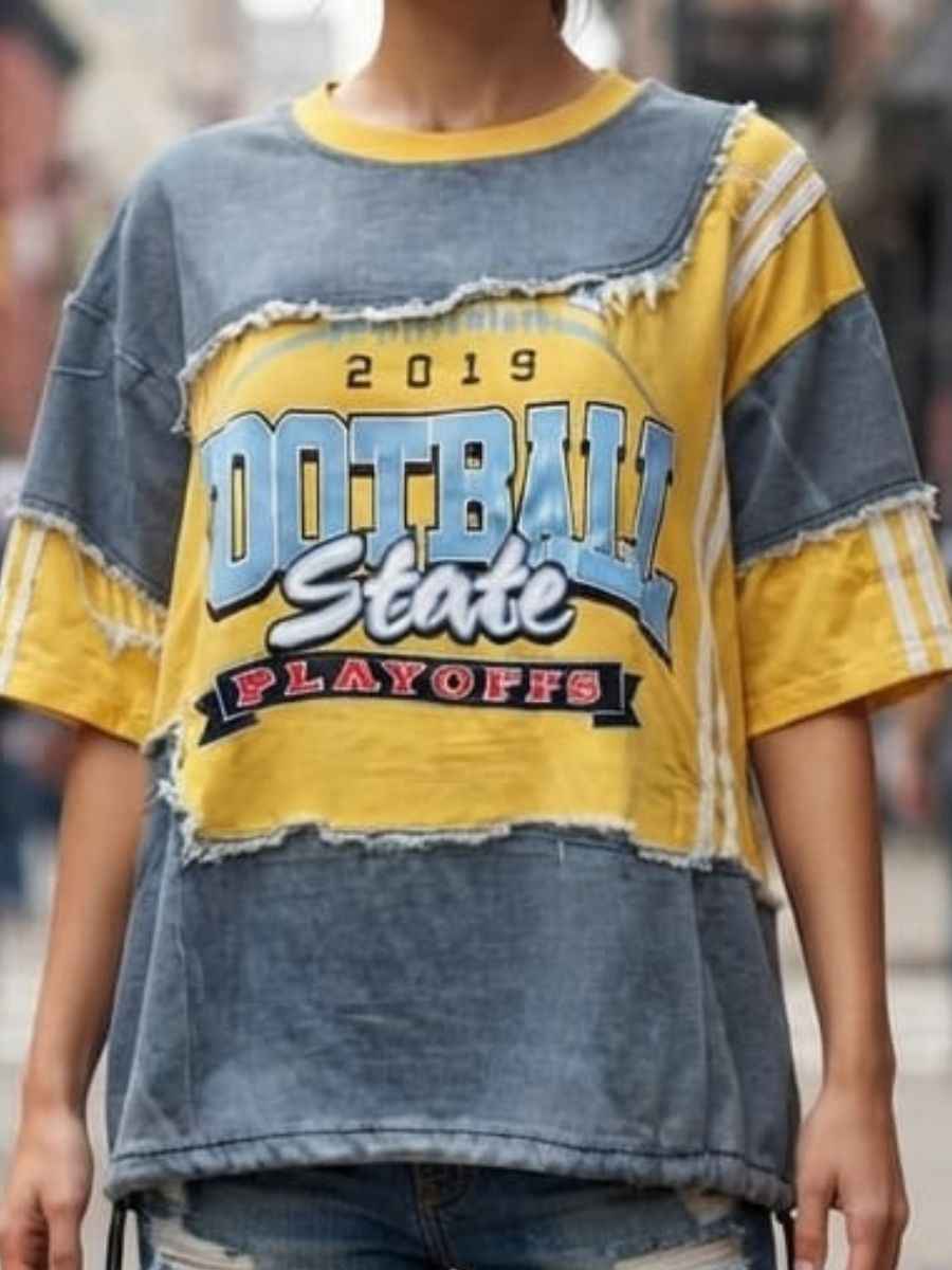 Yellow and Grey Football State Patchwork Oversized T-Shirt