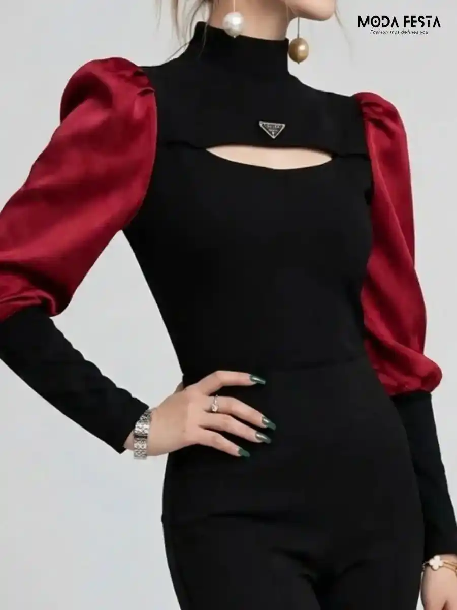 ModaFesta -black-maroon-cut-out-mock-neck-top