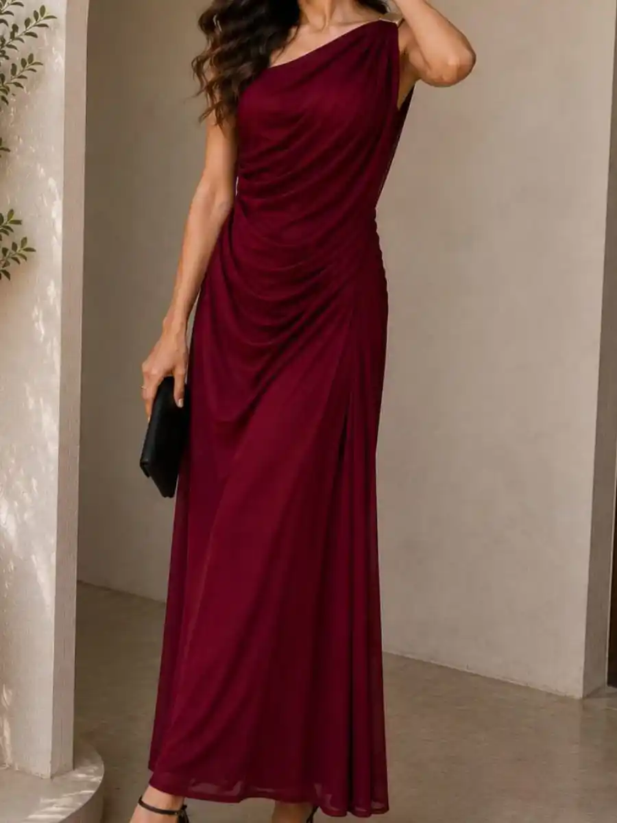 Aurelia One-Shoulder Draped Maxi Dress in Rich Maroon