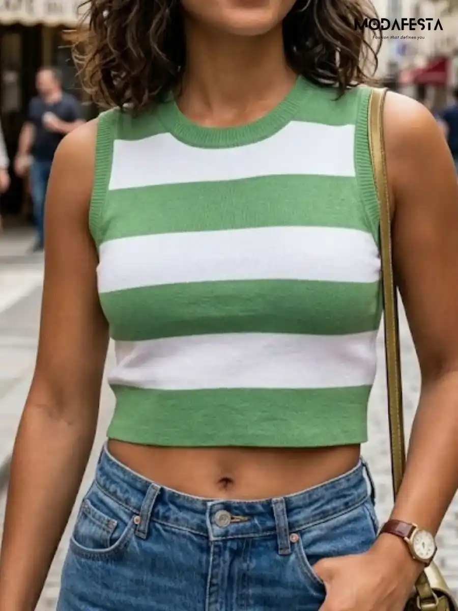 Stripe Printed Ribbed Tank Top