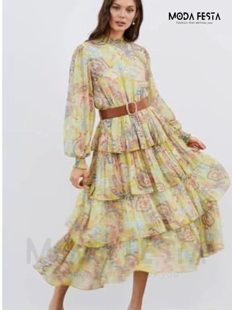 ModaFesta -elegant-layer-floral-long-dress-yellow