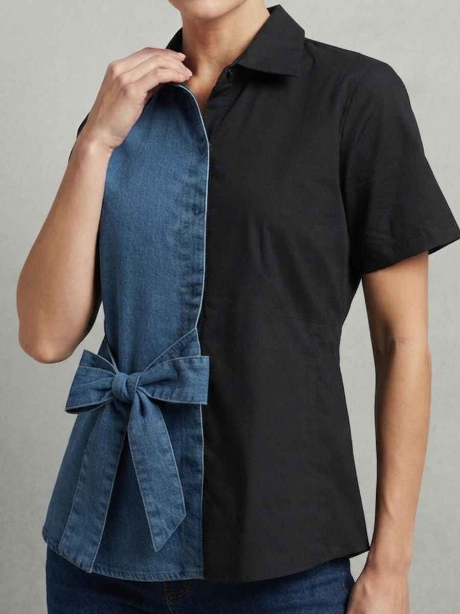 Black and Denim Blue Split Design Front Bow Top