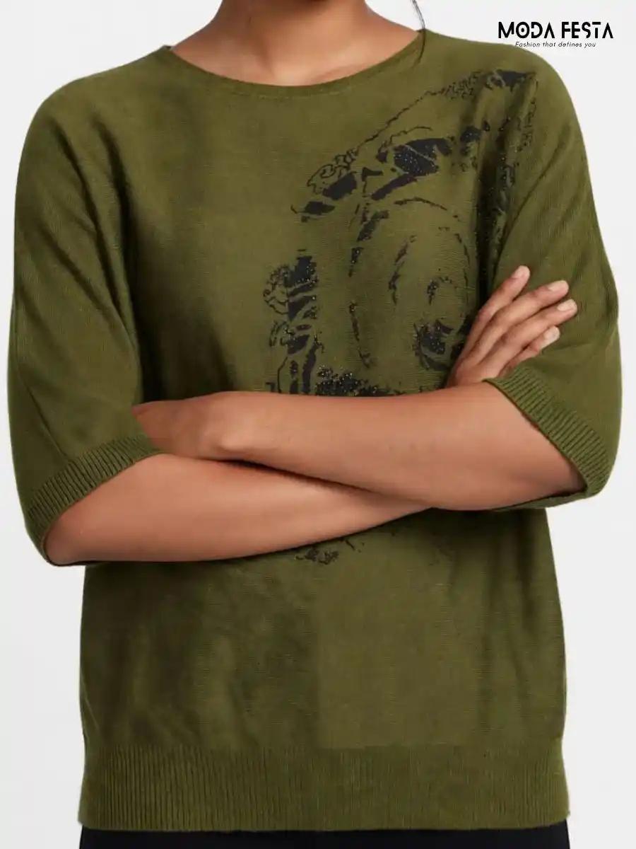 ModaFesta -olive-green-printed-knit-top