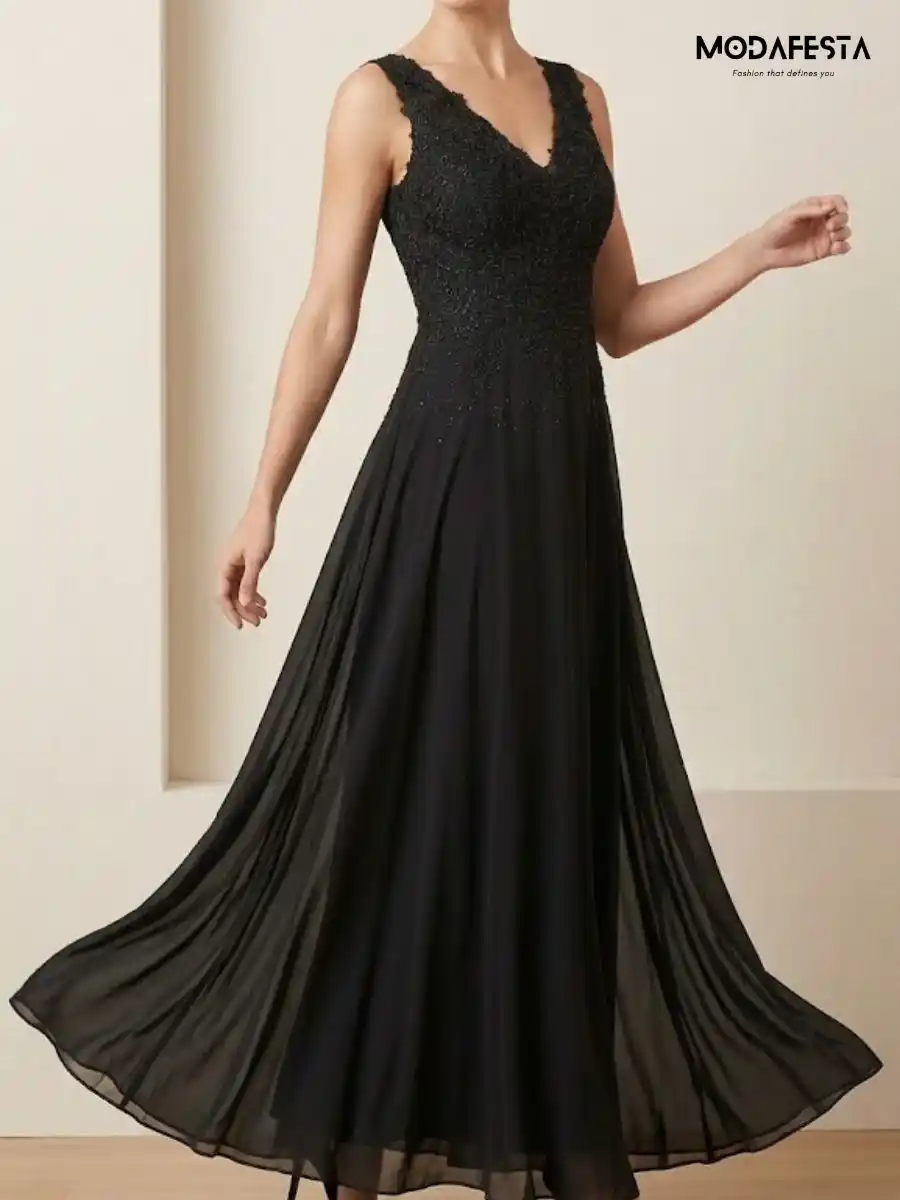 ModaFesta -elegant-v-neck-floral-lace-gown-black