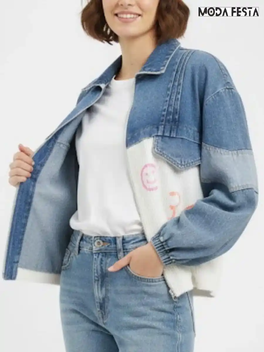 ModaFesta -denim-with-knit-zipper-jacket-white