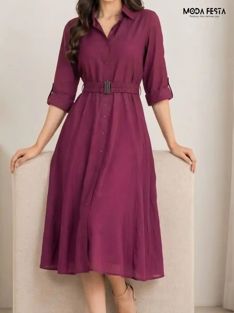 ModaFesta -magenta-solid-shirt-dress-with-matching-belt