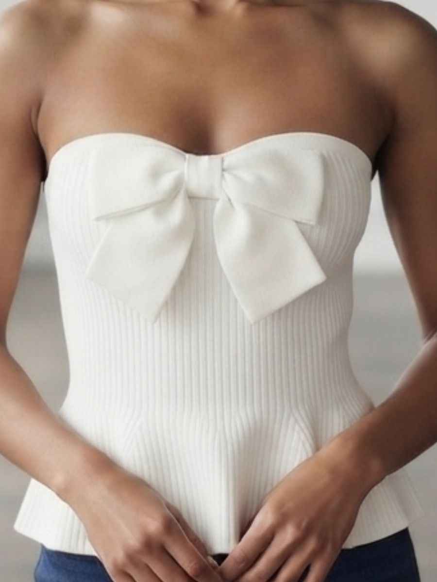 ModaFesta -white-ribbed-bow-accent-peplum-top