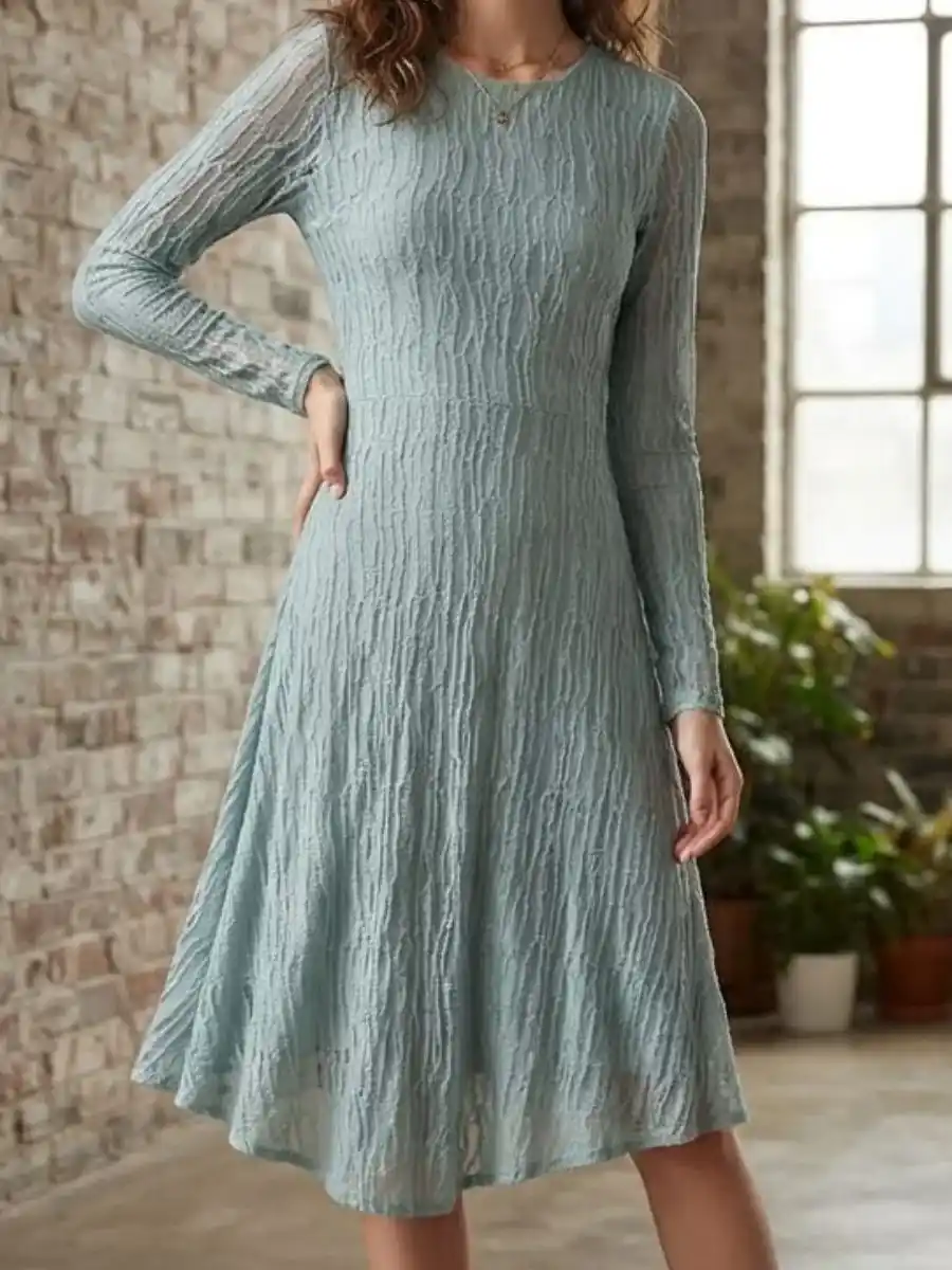 Textured Sage Long-Sleeve Midi Dress