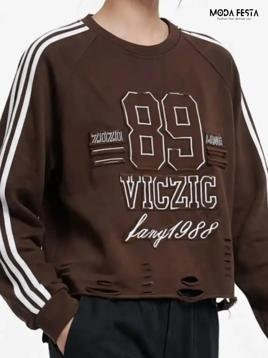 ModaFesta -graphic-distressed-striped-sleeve-sweatshirt