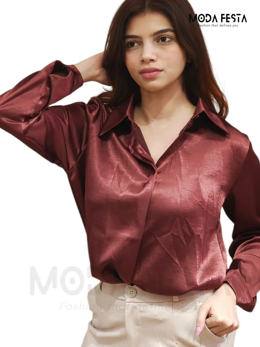 ModaFesta -stylish-plain-satin-shirt-maroon