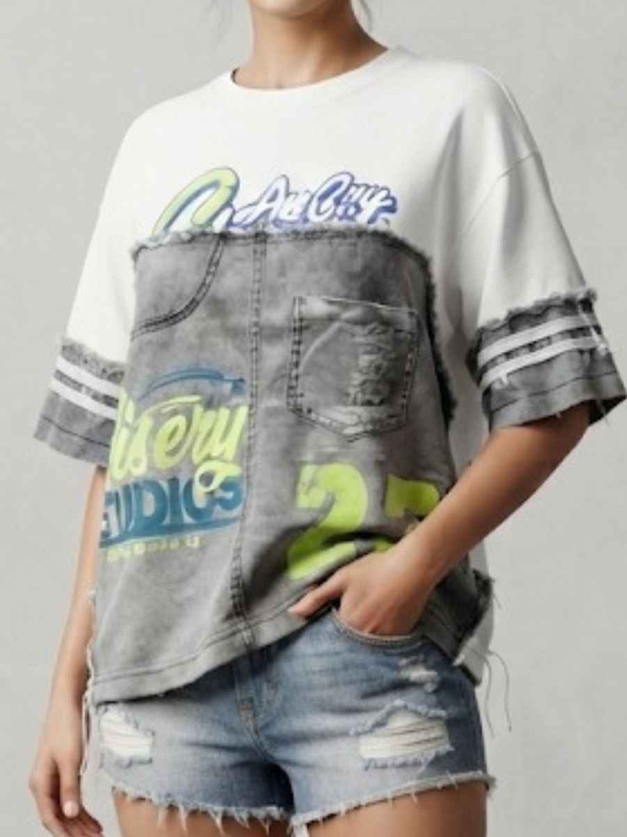 ModaFesta -grey-white-patchwork-denim-graphic-statement-top