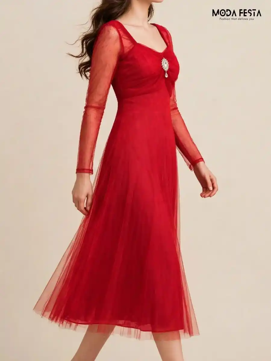 ModaFesta -red-sheer-net-midi-dress