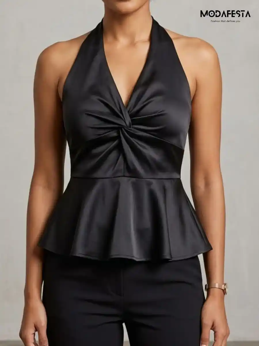ModaFesta -elegant-twisted-satin-halter-neck-top-black