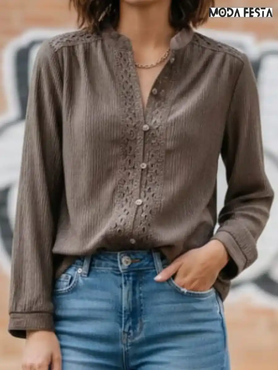 ModaFesta -elegant-brown-lace-pattern-shirt
