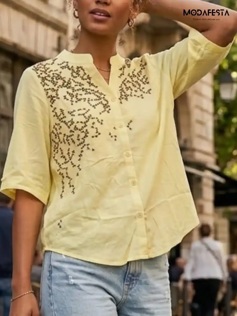 ModaFesta -elegant-style-floral-embroidered-v-neck-shirt-yellow