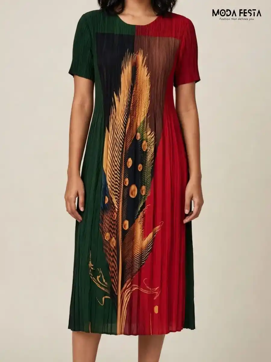 Feather Printed Micro-Pleated Midi Dress