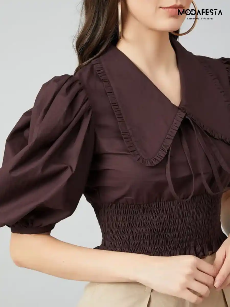 ModaFesta -elegant-tie-up-neck-puff-sleeves-smoke-top-brown