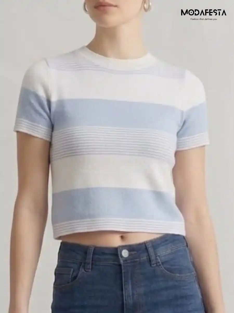 ModaFesta -elegant-blue-and-white-striped-crop-t-shirt