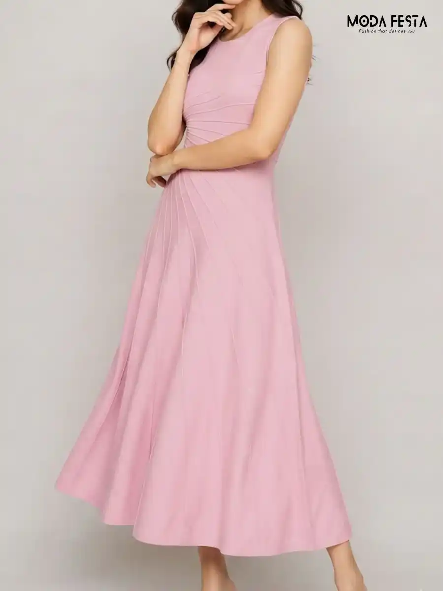ModaFesta -elegant-pink-pleated-sleeveless-midi-dress