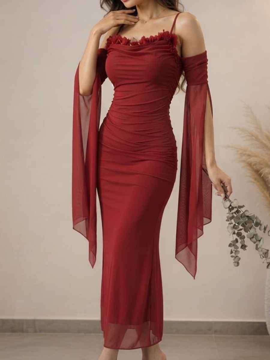ModaFesta -wine-red-floral-applique-ruched-mesh-maxi-dress-with-sleeves