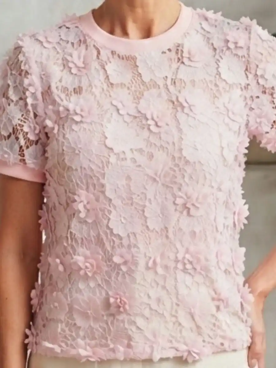 Pink Floral Applique Lace Crew Neck Top