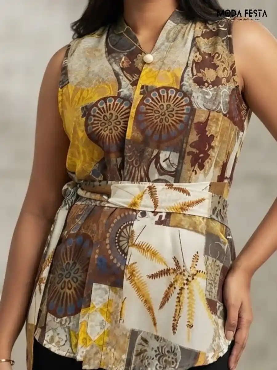 Printed Sleeveless Wrap-Style Belted Top