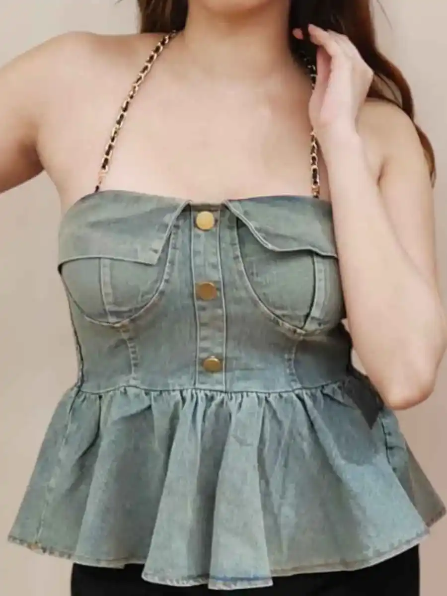 ModaFesta -chain-halter-neck-denim-top-green