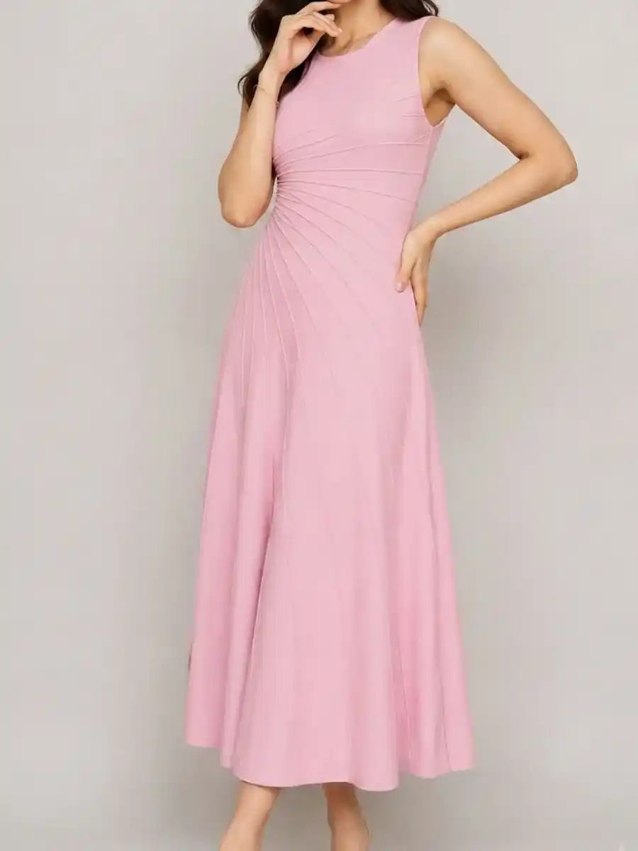 ModaFesta -elegant-pink-pleated-sleeveless-midi-dress