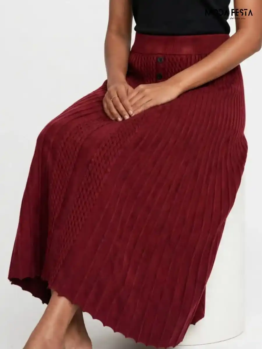 ModaFesta -maroon-ribbed-knit-button-front-midi-skirt
