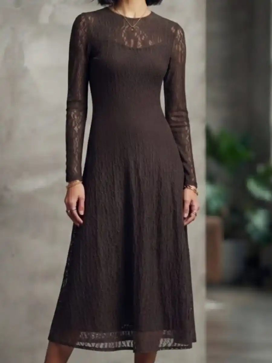 Brown Lace Long Sleeve A-Line Midi Dress