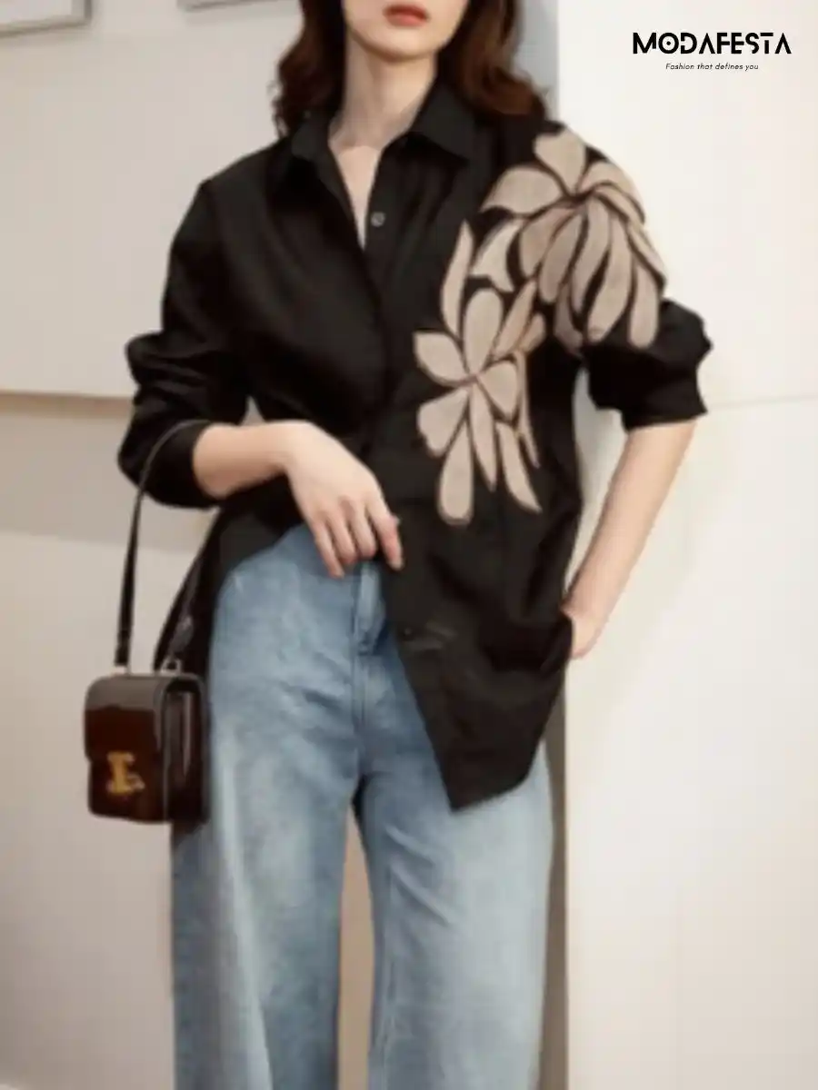 ModaFesta -elegant-floral-print-shirt-work-on-shoulder-black