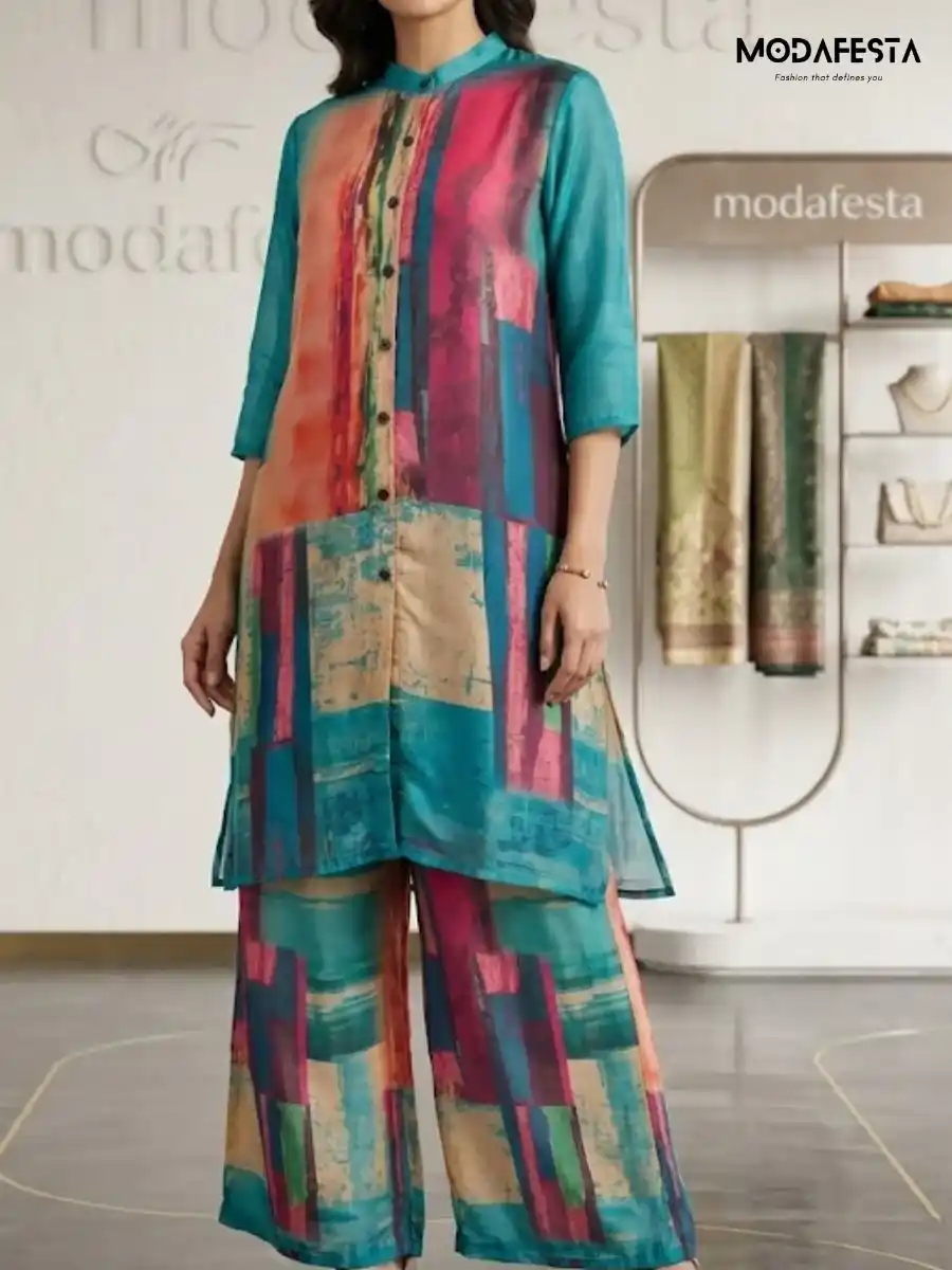 Elegant Abstract Print Chiffon Coord Set