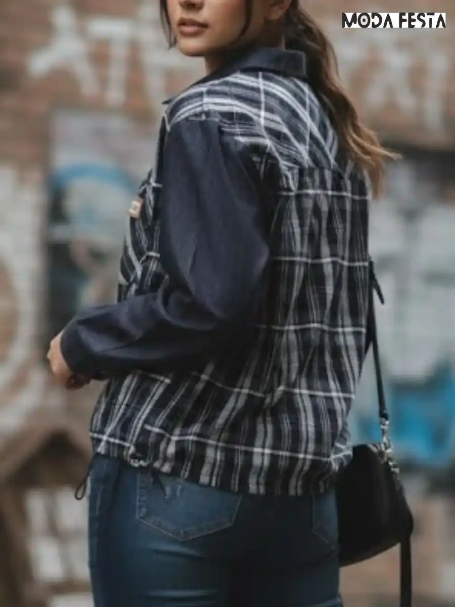 ModaFesta -elegant-flannel-denim-shirt-black