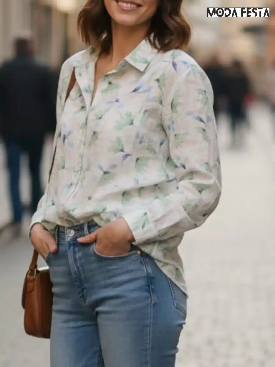 ModaFesta -elegant-floral-print-linen-shirt-beige-green
