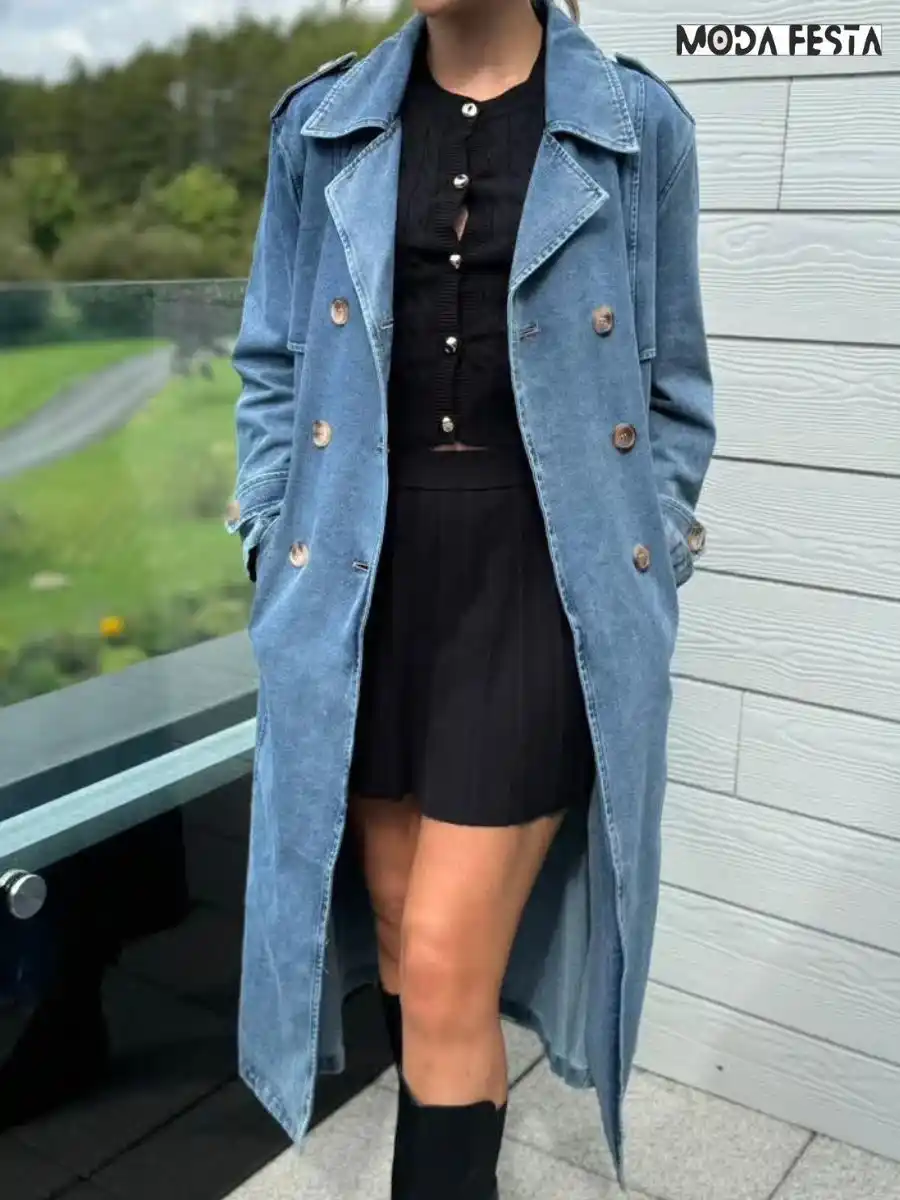 ModaFesta -elegant-denim-trench-coat-dress-blue