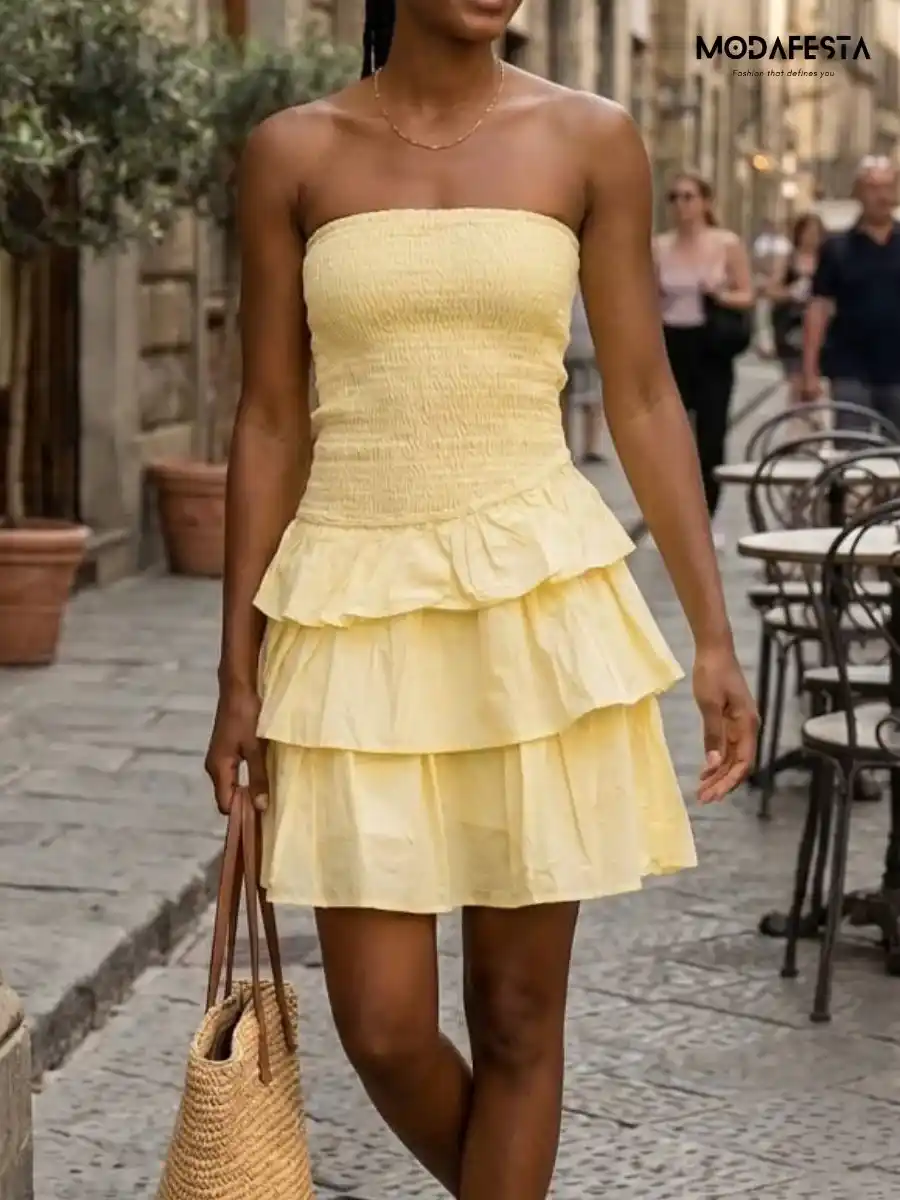 ModaFesta -elegant-strapless-mini-tube-dress-yellow