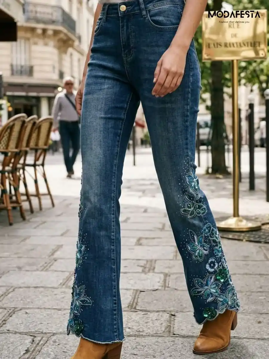 ModaFesta -trendy-sequenced-floral-cutwork-boot-cut-jeans-blue