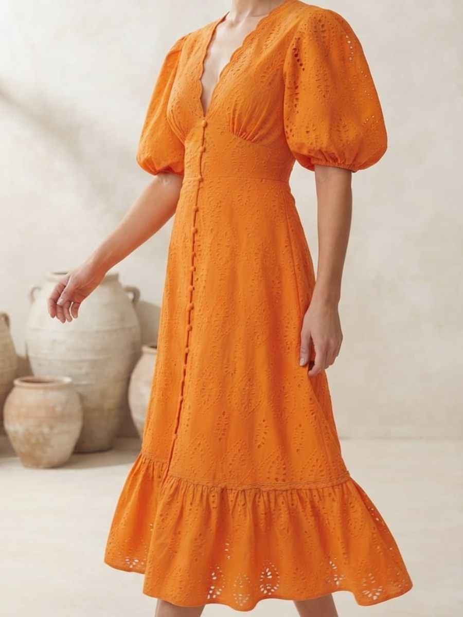 ModaFesta -orange-eyelet-broderie-v-neck-midi-dress
