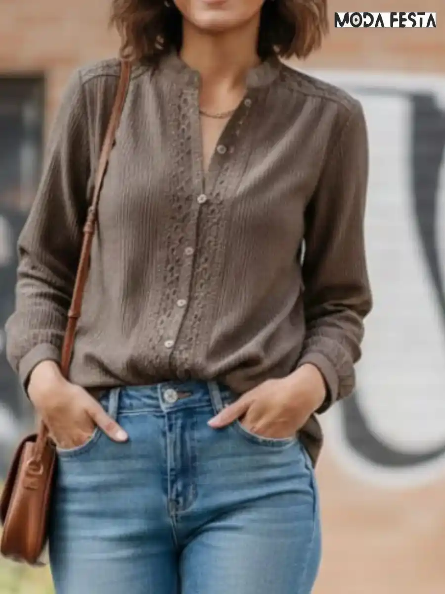 ModaFesta -elegant-brown-lace-pattern-shirt