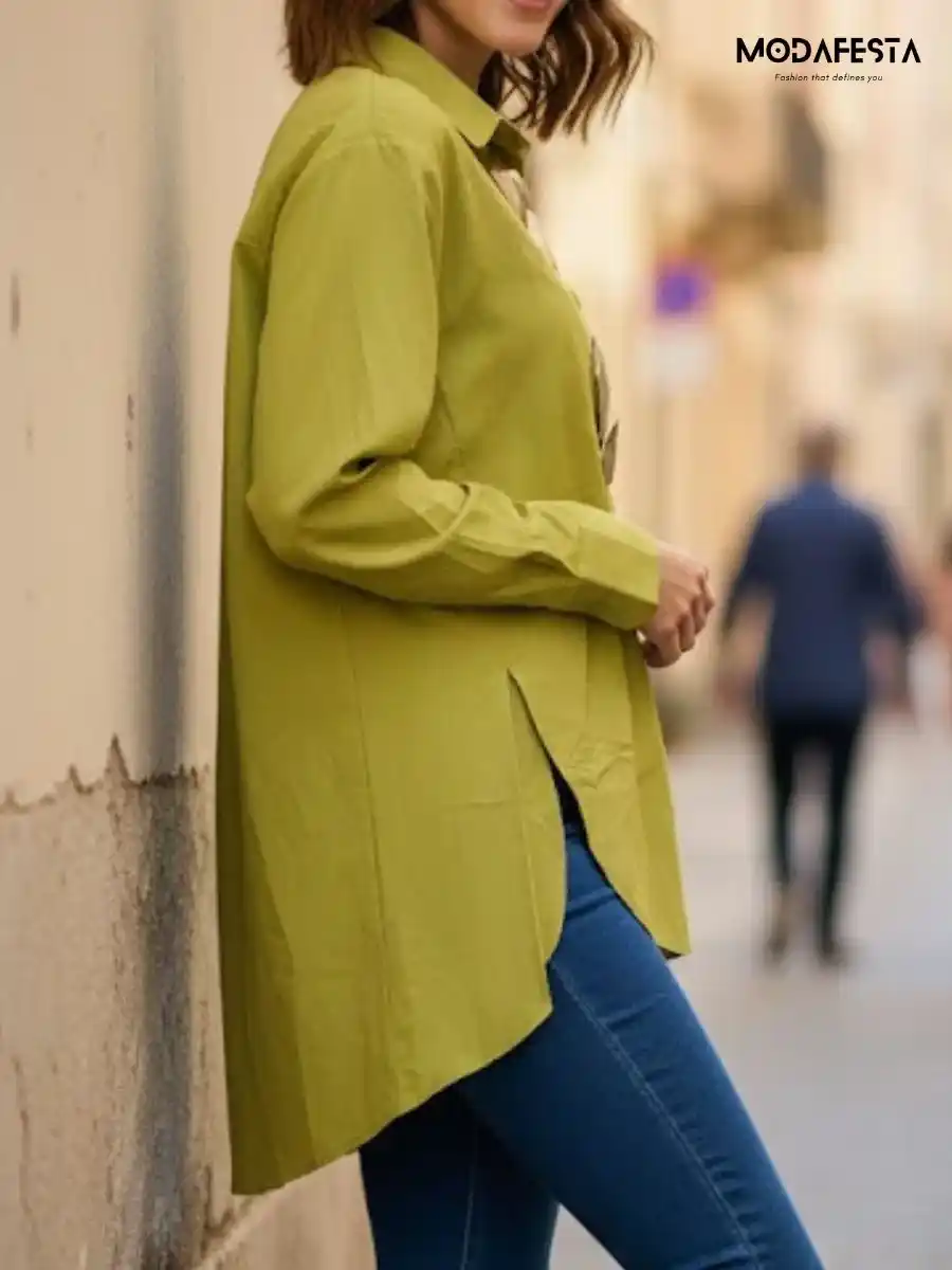 ModaFesta -elegant-high-low-hem-shirt-with-broach-green