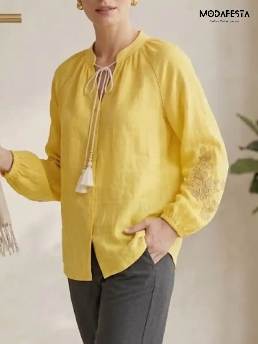 ModaFesta -elegant-v-neck-top-embroidered-work-on-sleeve-yellow
