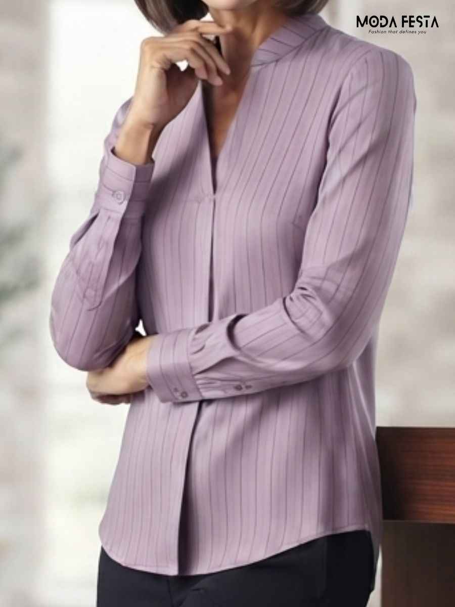 ModaFesta -elegant-lilac-pinstripe-mandarin-collar-full-sleeve-top
