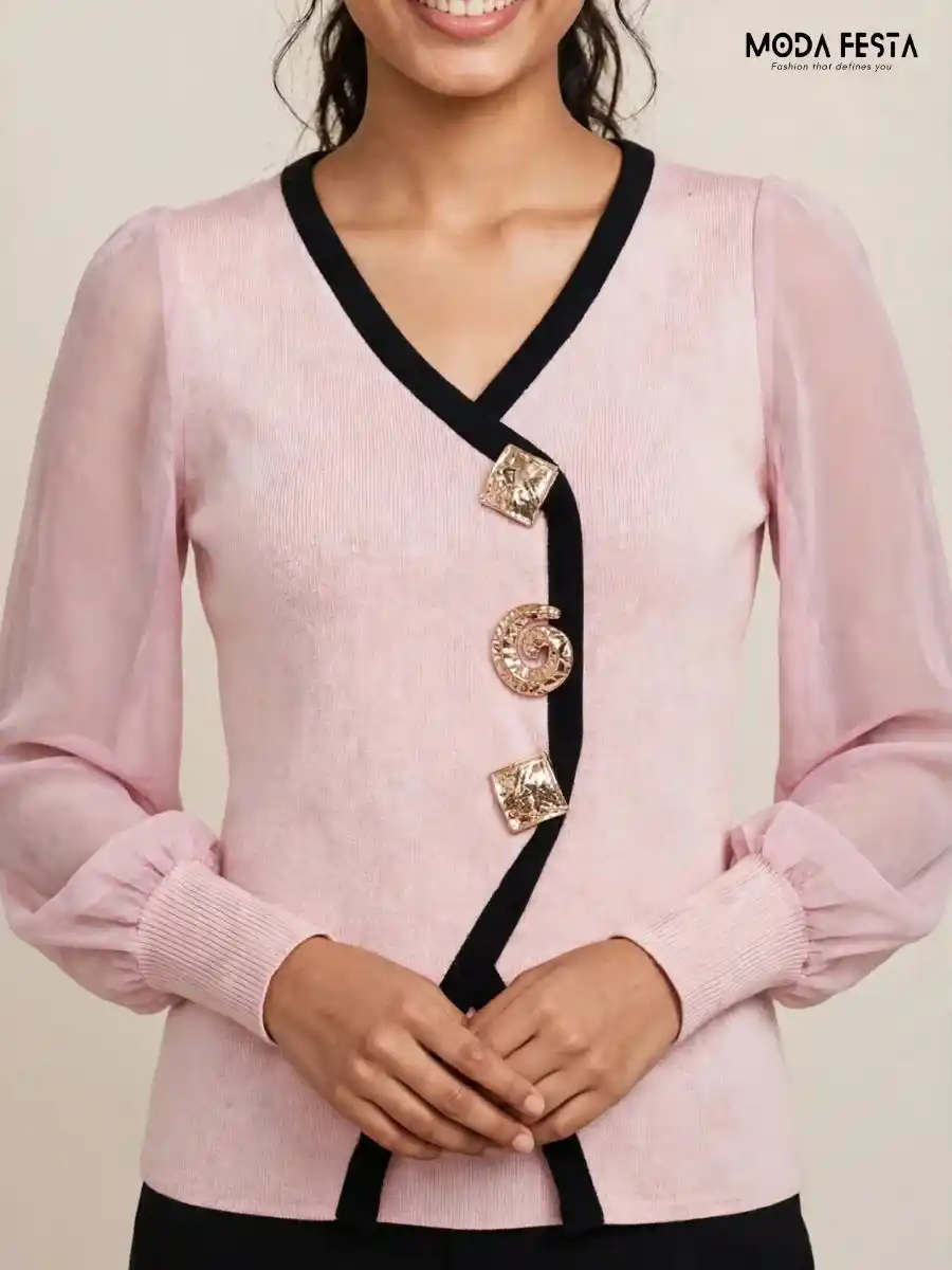 Light Pink & Black Contrast Trim Asymmetric Statement Top