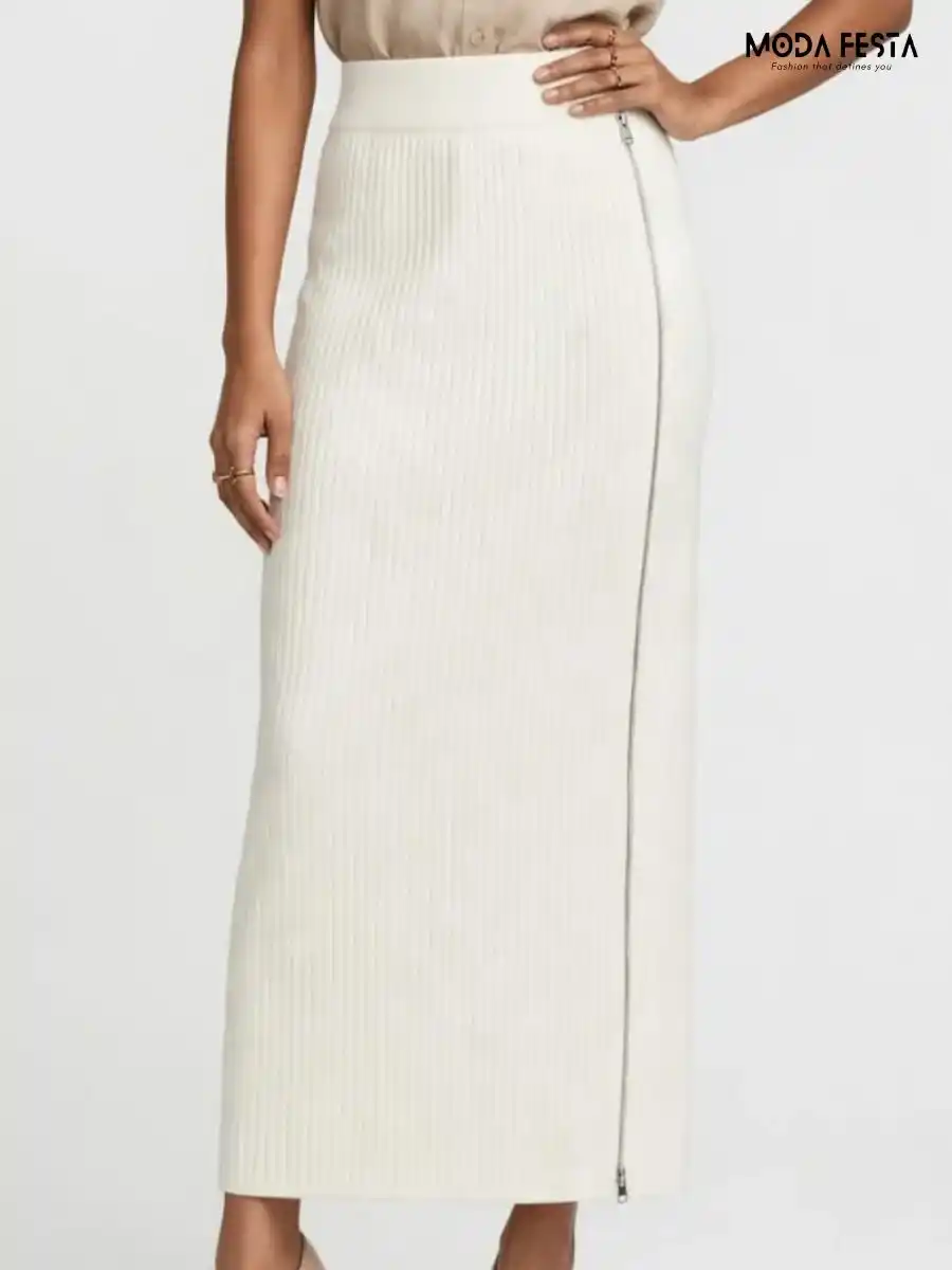 ModaFesta -off-white-ribbed-knit-side-zipper-midi-skirt