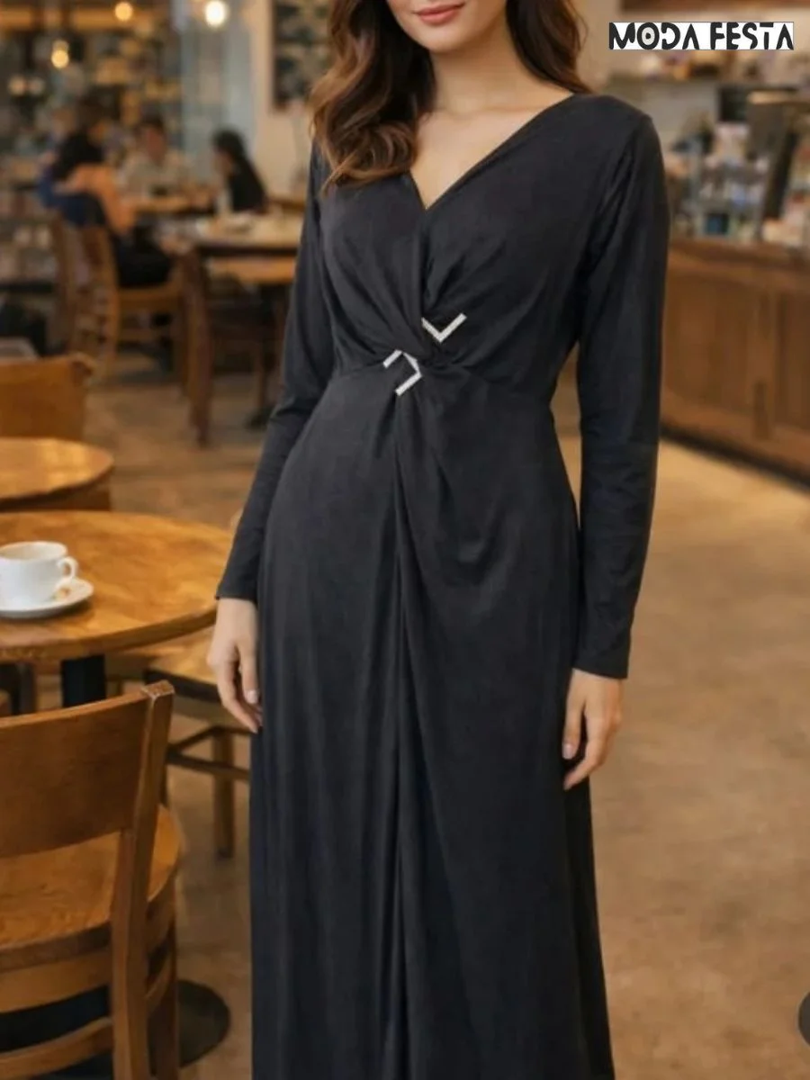 ModaFesta -elegant-v-neck-knotted-front-maxi-dress-black