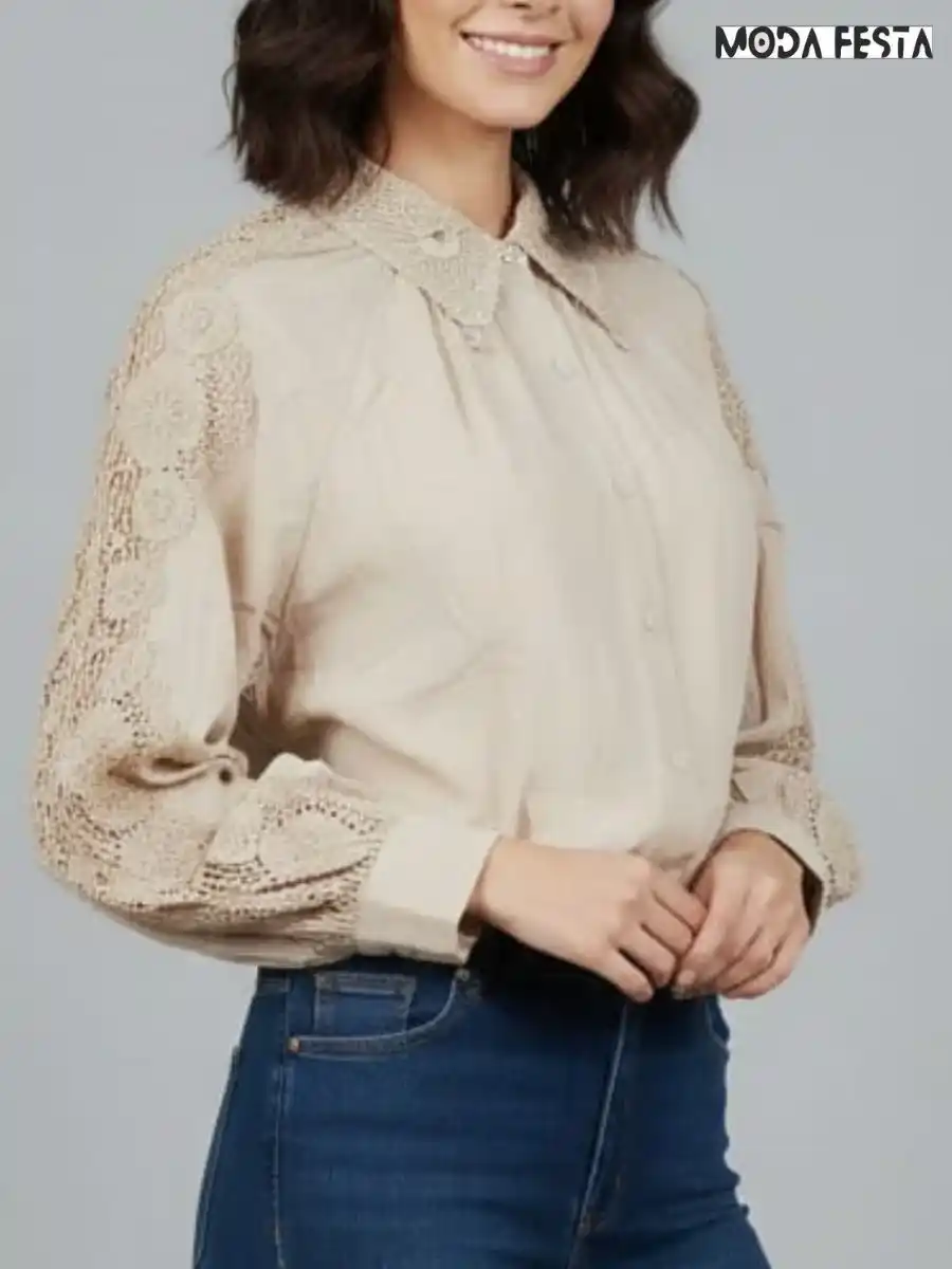 ModaFesta -elegant-sleeve-cutwork-cotton-shirt-beige