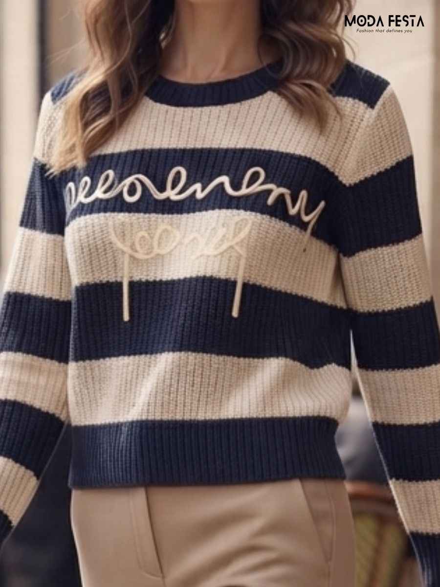 ModaFesta -navy-off-white-striped-crew-neck-knitted-top