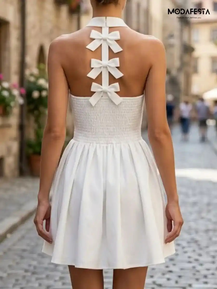ModaFesta -elegant-halter-neck-flair-dress-with-back-bow-white