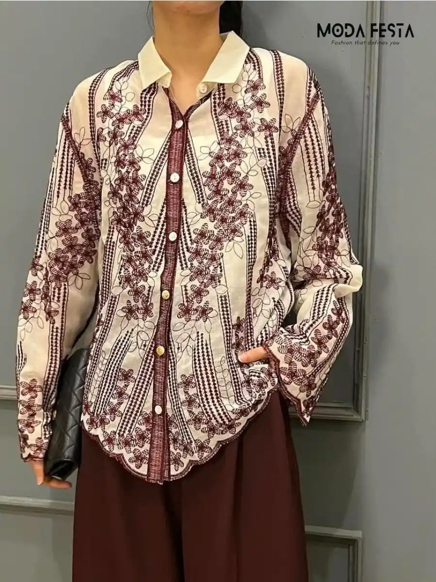 Stylish Linen Embroidery Shirt Beige With Brown