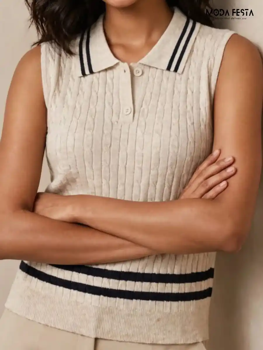 Classic Contrast-Trim Cable Knit Sleeveless Polo Top